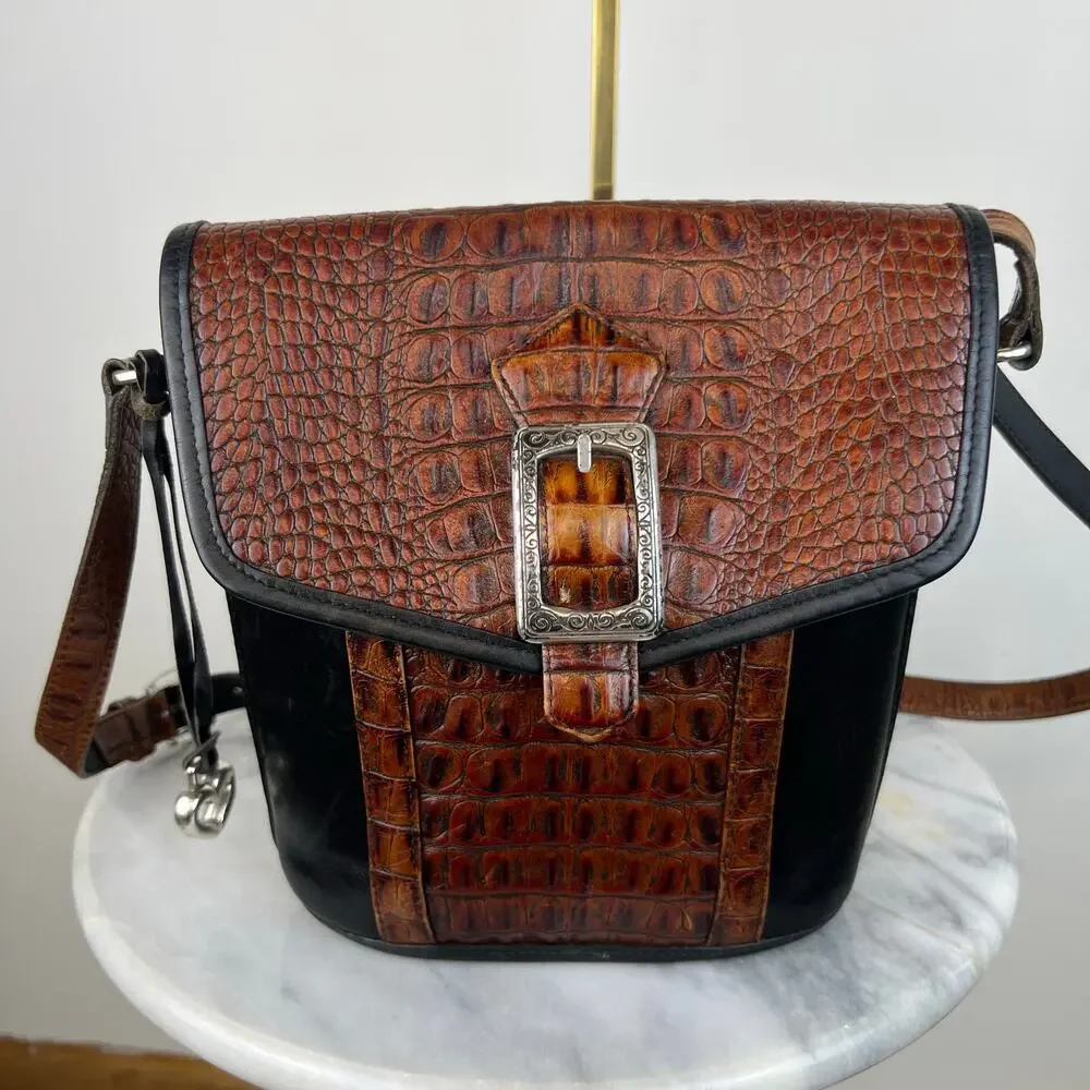 Vintage Brighton Black Leather Croc Embossed Buckle Crossbody Purse Bucket Bag